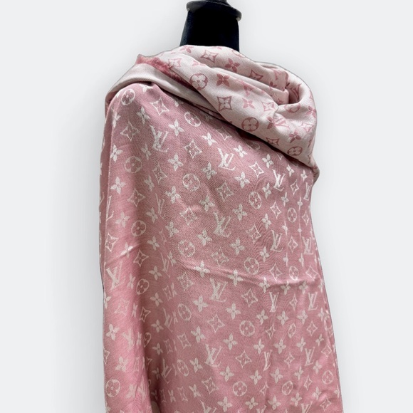 Auth Louis Vuitton Monogram Shine Rose Pink Ivory Shawl LV Wrap Stole Scarf - Picture 12 of 15